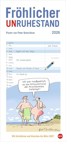 Peter Butschkow: Fröhlicher Unruhestand Planer 2026: Der humorvolle Rentner-Kalender mit Cartoons über das Leben im besten Alter. Freizeit-Planer mit ... 21 x 45 cm (Familienplaner Heye)