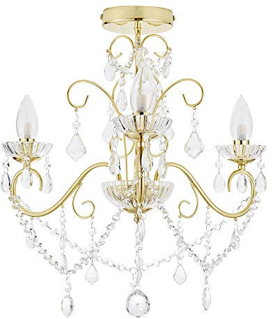 LITECRAFT Vara Chandelier Bathroom Crystal Effect Ceiling 3 Light - Satin Brass