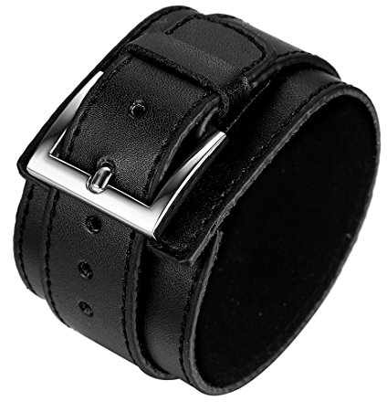 JewelryWe Punk Rock Wide Black Leather Strap Wristband Men's Bangle Cuff Bracelet 11 Inch, Black (with Gift Bag)