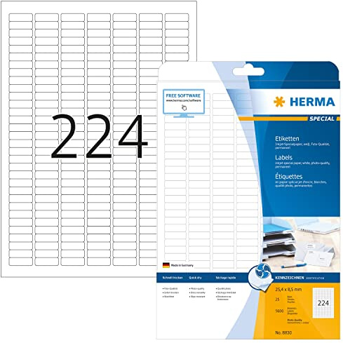 HERMA Self Adhesive Multipurpose Inkjet Labels, 224 Labels per A4 Sheet, 25 Sheets, 25.4 x 8.5 mm, 5600 Labels, Blank Universal Labels Stickers, Sticky Labels for Inkjet Printer, White