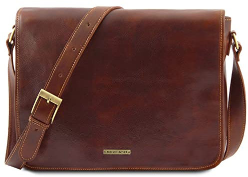 Tuscany Leather Messenger double Tasche mit Laptopfach aus Leder Braun