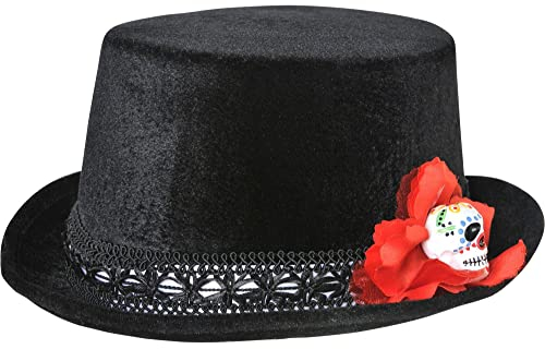Amscan 843923-55 - Zylinder Tag des Todes, Einheitsgröße für Erwachsene, Schwarz-Rot, Hut mit Totenkopf, Blüte und Zierband, Karneval, Halloween, Verkleidung, Kostüm, Day of the Dead