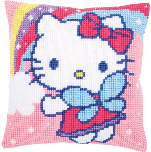 Vervaco Kreuzstich Stickpackungen Kissen Stickerei Set Anfänger Vorgedruckt Hello Kitty mit Regenbogen DIY Set Kreativ Set Für Erwachseneca. 40 x 40 cm Bastelset Handwerker Haus Dekoration