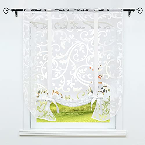CORLIF Raffrollo mit Tunnelzug Gardinen Küche Ausbrenner Transparente Vorhänge Modern Kurze Fenster Vorhang mit Ranken Muster Weiß BxH 80x140cm 1 Stück