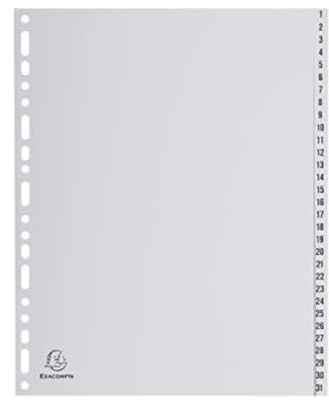 Exacompta 2931E 5er Pack Kunststoff-Register 1-31 für DIN A4 MAXI aus recyceltem Kunststoff 31-teilig volle Höhe 24 x 29,7 cm grau mit bedruckten Taben Universallochung Blauer Engel Trennblätter