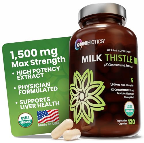 OmniBiotics Organic Milk Thistle Supplement 1500mg – 4X Concentrated Extract with Silymarin – High Potency Liver Detox & Support – 120 Vegan Capsules