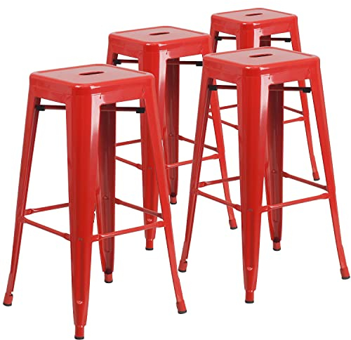 Flash Furniture Lily Barhocker aus Metall, kommerzielle Qualität, 76,2 cm hoch, rückenfrei, für drinnen und draußen, mit quadratischem Sitz, Rot, 4 Stück