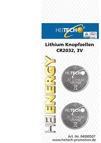 HEITECH 2er Pack CR2032 Lithium Knopfzellen Batterie - 3V Knopfbatterien auslaufsicher & mit Langer Haltbarkeit