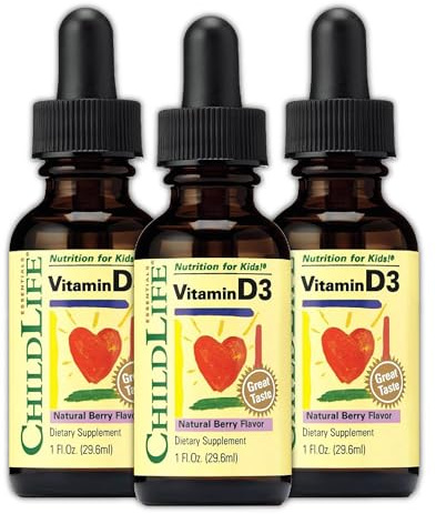 CHILDLIFE ESSENTIALS Vitamin D3 Drops for Kids, Children, & Toddlers - Liquid Vitamin D Drops, 500 IU per Drop, Immune & Bone Health Support, Natural Berry - 1 Fl Oz (Pack of 3)