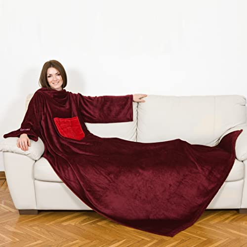 Kanguru Kuscheldecke mit ärmeln, Sofa Decke zum anziehen 210x140 cm, mit zentrale Tasche, weiche Flannel mikrofaser, tv tagesdecke, fleecedecke, tragbare und Oversize ROT