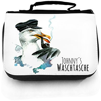 Waschtasche Waschbeutel Kulturbeutel Kosmetiktasche Reisewaschtasche cosmeticbag maritim Kapitän Möwe mit Mütze Pfeife und Wunschnamen wt061