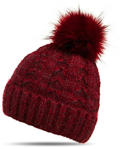 Caspar MU144 Damen warme Winter Strick Mütze mit Fellbommel, Farbe:rot, Größe:One Size
