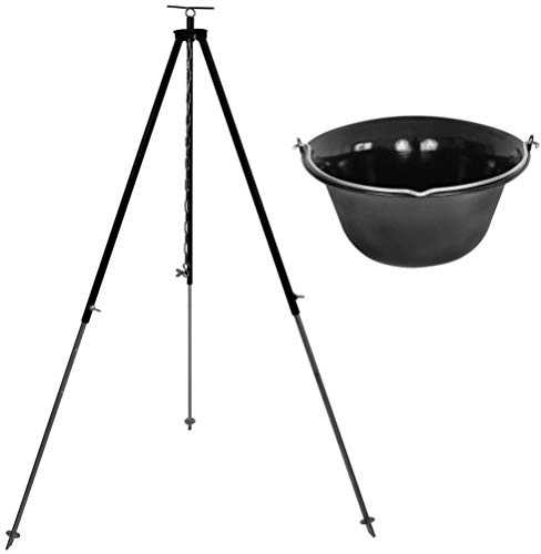 GRILLPLANET Set 10 Liter Gulaschkessel Emaille mit Dreibein 130 cm mit Kettenhöhenverstellung