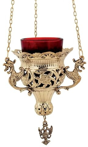 IconsGr Lampe a Huile en Bronze a Suspendre, culte chretien orthodoxe Grec avec coupelle en vevre Rouge pour Les veillée Bougie 9692b