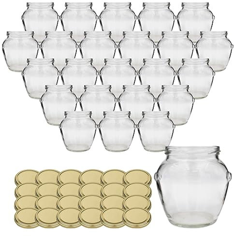 gouveo 24er Set Einmachgläser 314 ml mit Henkel und Schraubdeckel goldfarben - Vorratsgläser mit Drehverschluss - Leere Henkelgläser, Marmeladengläser (EGH314G)