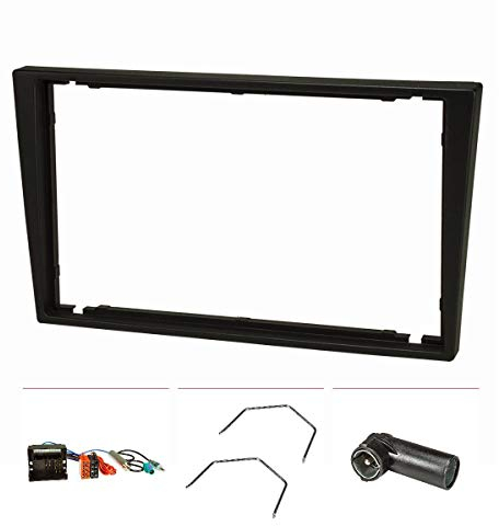 tomzz Audio 2439-012 Doppel DIN Radioblende Set kompatibel mit Opel Corsa C Combo Vectra C Meriva schwarz Quadlock ISO Fakra Antennen Phantom Adapter DIN ISO Entriegelungsbügel