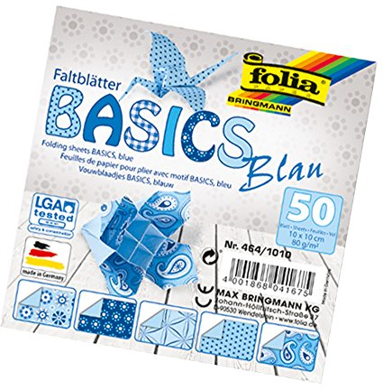 folia 464/1010 - Faltblätter Basics blau 10 x 10 cm, 80 g/qm, 50 Blatt sortiert in 5 Motiven - ideal für wunderschöne Faltfiguren und -formen