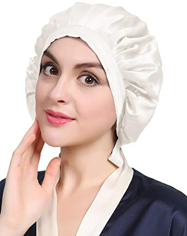 LilySilk 100% Maulbeerseide Schlafmütze rutschfest verstellbar und atmungsaktiver Kopfbedeckung Seidenhaube zum Schlafen Nachtmütze mit elastischem Band für alle Haartypen,Elfenbein