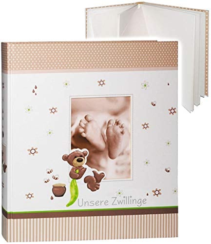 alles-meine.de GmbH XL - großes Fotoalbum - Unsere Zwillinge__ süßer Teddy Bär & Babyfüße__ mit austauschbaren Vorderbild - Gebunden zum Einkleben & Eintragen - blanko weiß..