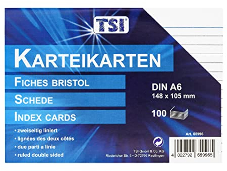 TSI Karteikarten weiß, 100er Packung, liniert, Größe: DIN A6 (148 x 105 mm), Art. Nr. 65996