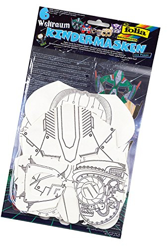 folia 23249 - Kindermasken Weltraum, aus Pappe, Motive sortiert, 6 Stück, weiß, zum selbst Bemalen und Gestalten, für Kinder, Jungen und Mädchen, ideal für Kindergeburtstage und Partys