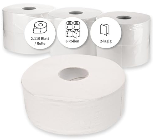 Franz Mensch HygoClean Toilettenpapier, Jumbo, 2-lagig, in weiß | aus Recyclingpapier, 6 Rollen je 2115 Blatt, 380 Laufmeter, ⌀ 26 cm, WC-Papier, Klopapier