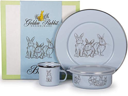 Golden Rabbit Enamelware 3 Piece Child Set, Blue Bunnies, Gift Boxed