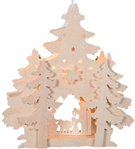 OBC-Kunsthandwerk Beleuchtetes, weihnachtliches Fensterbild aus Holz, Krippenszene Wald