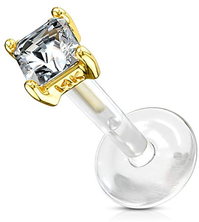 Paula & Fritz® Lippe-npiercing Stecker Bioflex 14 Karat Echt-gold Gelbgold Labret Piercing 8-mm 1,2-mm Ohr Damen Herren Tragus Conch Kristall Stab