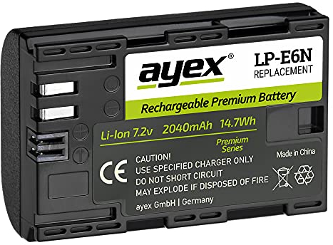 ayex LP-E6N Akku Kompatibel mit Canon z.B. EOS R R5 R6 5D Mark II Mark III Mark IV 5DS R 7D 6D High-End Li-Ion Zellen 2040mAh Leistungsstark