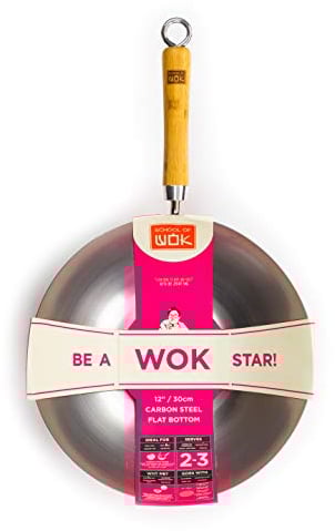 School of Wok - 12/30cm Carbon Steel Wok, Flat Bottom, Bamboo Handle