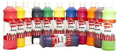 Scola Readymix Water Based Tempera Paint, 12 Assorted Bright Colours, 600ml Bottles, Safe Non-Toxic Poster Paints, Craft Projects, Suitable for 3+
