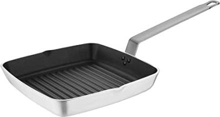 Vogue Square Non Stick Ribbed Skillet Frying Pan 24 cm, Silver, Teflon Coated Aluminium Skillet Pan, Size: 41(H) x 240(W) x 240(D) mm, DL942