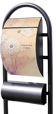 Banjado® Stand Briefkasten in Hammerschlag-Optik in Größe 150x47x22cm mit Motiv WT Gerbera - Briefkasten mit Standfuß/Postkasten freistehend als Standbriefkasten mit Zeitungsfach
