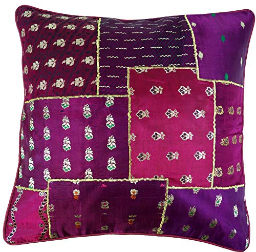 GURU SHOP Orientalische Kissenhülle, Kissenbezug Saree Patchwork - Lila, Violett, Synthetisch, 40x40x0,5 cm, Zierkissen, Dekokissen, Sofakissen