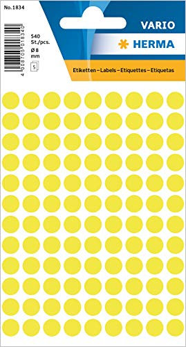 HERMA 1834 Punktaufkleber Klebepunkte leuchtgelb, 540 Stück, Ø 8 mm, 108 pro Bogen, selbstklebend, Markierungspunkte für Kalender Planer Basteln, matt, blanko Papier Farbpunkte Etiketten Aufkleber