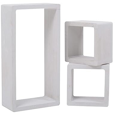 Rebecca Mobili 3er Set Wandregale, Bücherregale, 1 rechteckig 2 Würfel, weißes Holz, Shabby-Stil, Als Einrichtung für Schlafzimmer Wohnzimmer – Maße: 41 x 24 x 9 cm (HxLxB) – Art. RE4119