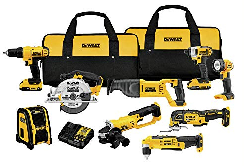 DEWALT 20V MAX Power Tools, 9 Cordless Tool Combo, Impact and Drill Driver, Oscillating Tool, Grinder,Circular and Reciprocating Saw,Right Angle Drill,Speaker,LED Light, 2 Batteries,Charger (DCK940D2)