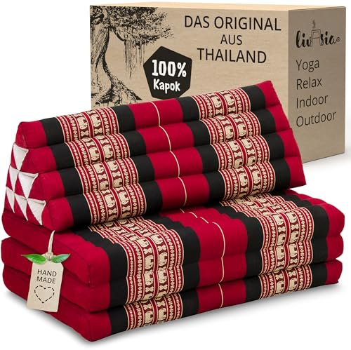 livasia Thaikissen 3 Auflagen für Paare XXL - 190x80x8cm - Dreieckskissen Klappmatratze, extrabreit Kapok, Rückenkissen faltbar, Thaimatte zum Klappen, Meditationskissen (Rot/Elefanten)
