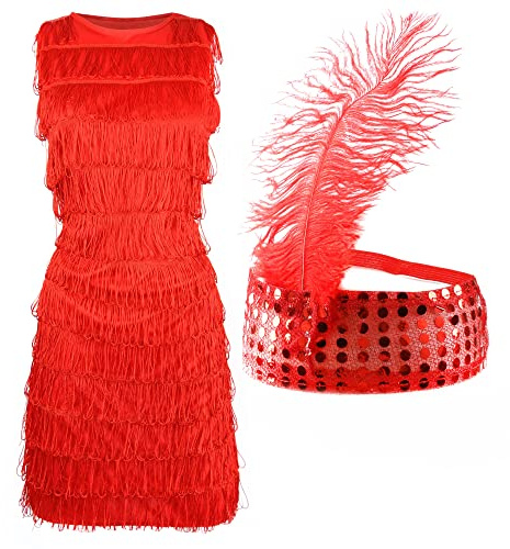 Red Flapper Dress - Small - Childs Flapper Fancy Dress Costume with Fringing - Matching Sequin Headband and Feather - 1920s Charleston Dress