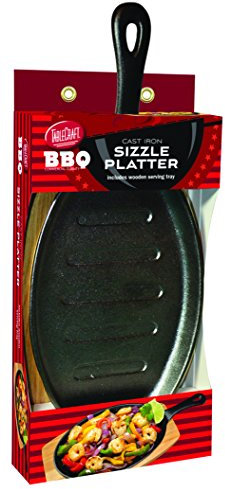 TableCraft BBQ117 BBQ Cast Iron 17-Inch Sizzle Platter with Wood Tray, Small, Black