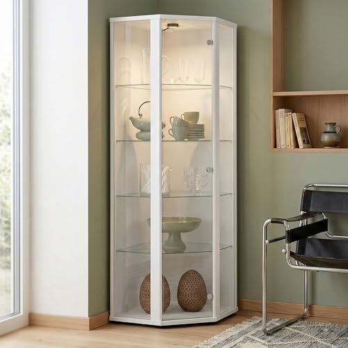 K-Möbel Eckvitrine in Weiss (176x56,5x56,5 cm) mit 4 Glasböden & LED - Modellauto Vitrine Weiß - Vitrinenschrank hell - Sammlervitrine - Wohnzimmerschrank Glasvitrine Regal Wand Glas Schrank Glasturm