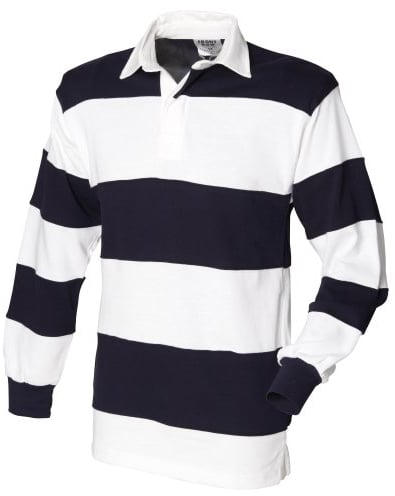 Front Row Sewn Stripe Long Sleeve Sports Rugby Polo Shirt (L) (White & Navy (White collar))