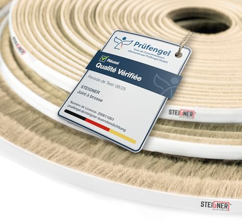 STEIGNER Joint brosse autocollant Beige 11 mm x 20 m - Joint pour portes, fenêtres et portes-fenêtres - Isolation phonique, coupe-vent, pare-poussière pour la maison