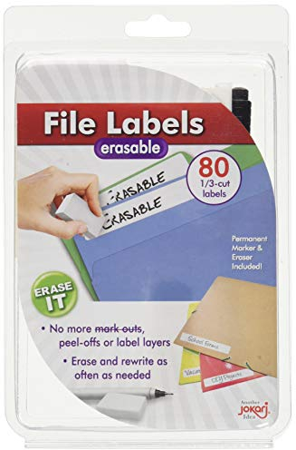 Jokari WSK40 - Erasable File Labels - Laminierte löschbare Feilenetiketten 1/3 Schnitt - Starterpaket mit 80 Etiketten, Radierer & Stift - Weiß - EINWEG
