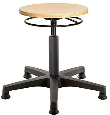 Prova Nova GmbH Werkstatt-, Stand- und Drehhocker 3536, abgedeckte Gasfedersäule, Sitzhöhe ca. 40-60 cm, Ringauslösung, Holz-Rundsitz, Bodengleiter