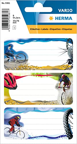 HERMA 5981 Buchetiketten zum Beschriften Mountainbike, 9 Stück, 76 x 35 mm, selbstklebend, liniert, Buchaufkleber für Schule Kinder Mädchen Jungen, mehrfarbige Heftetiketten Aufkleber, bunt