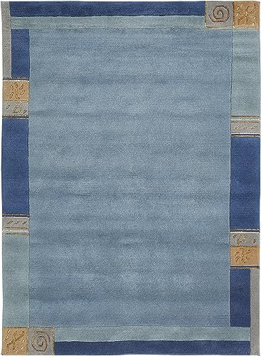 -LUXOR- living Teppich Wolle Manali, Nepalteppich, Kurzflor, handgeknüpft, Bordüre Wollteppich, für Schlafzimmer und Wohnzimmer, 140 x 200 cm Blau