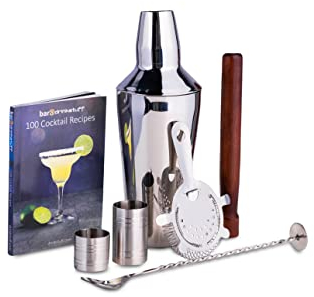Luxury Manhattan Cocktail Shaker Set by bar@drinkstuff | Cocktail Gift Set with Manhattan Shaker, Cocktail Book, Cocktail Strainer, Muddler, 25ml & 50ml Thimble Bar Measures and Twisted Mixing Spoon