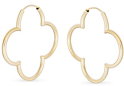 Klee Blume Geformt Dünnes Rohr Endlose Ohrringe Für Frauen Poliert 14K Gold Plattiert .925 Sterling Silber 1.5 In